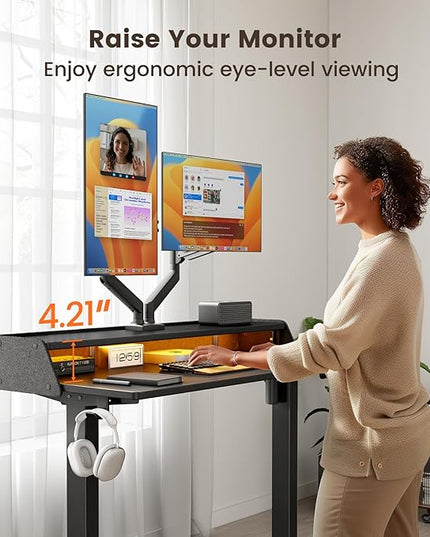 ErGear Standing Desk with LED Strip, 48″ x24″ Electric Height Adjustable RGB Gaming Desk with Shelf, Sit Stand Desk with Dual Cable Holes, C-Clamp Mount Compatible, 4 Preset Heights, Black