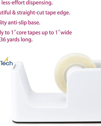 ABEL SimpleWork Desktop Tape Dispenser, White, 1 in Core, Non-Skid Weighted Base, Tape Cutter for Office, Home, School, and Crafts