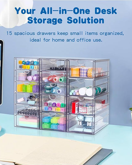 VZKAH Clear Acrylic Organizer with Drawers | 15-Drawer Desktop Unit | Makeup & Desk Organization and Storage Box for Office, Craft, Vanity Table, Bathroom, Home Essentials