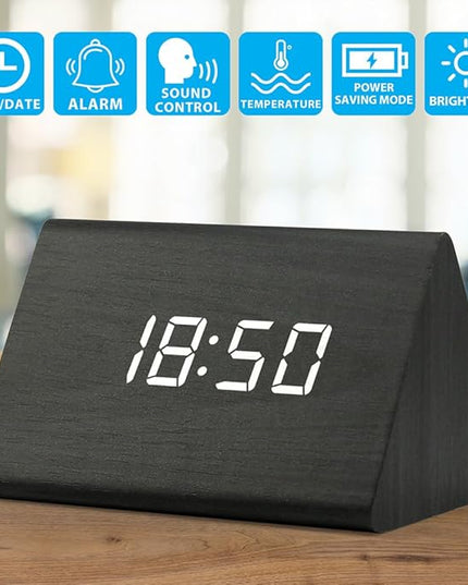 OCT17 Wooden Wood Clock, New Version LED Alarm Digital Desk Clock Adjustable Brightness, Alarm Time, Displays Time Date Temperature - Black