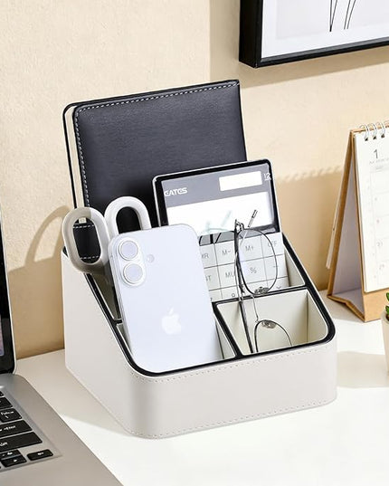 MEIBOOCH Remote Control Holder, PU Leather Small Desk Organizer with 4 Compartments, Nightstand Organizer Desk Caddy for Remote, Notepad, Phone, Glasses, and Accessories (Cream)