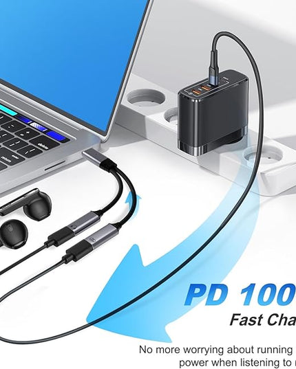 USB C Splitter，2 in 1 USB C Headphone and Charger Adapter Audio Dongle Cable with PD 100W for iPhone 16 15 Pro Max, Pixel 9 8 7, Galaxy S24 S23 S22, iPad Pro