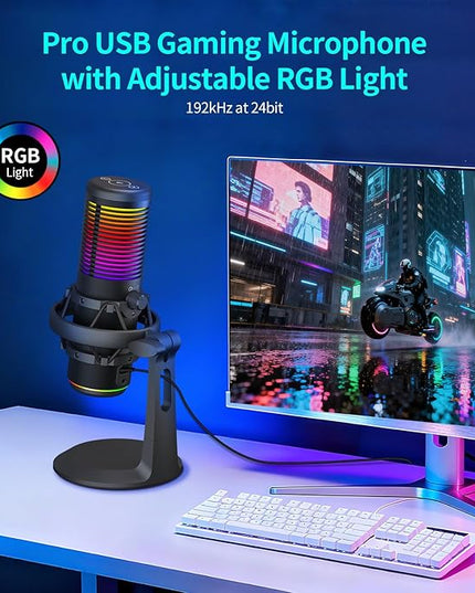 TOALLIN CM20P - USB Condenser Microphone with RGB Lights for Gaming/Streaming/Podcasting/Recording, 192kHz/24Bit, Noise Canceling & Volume Adjustable, Compatibles with Laptop/PC/Tablet/Phone, Black