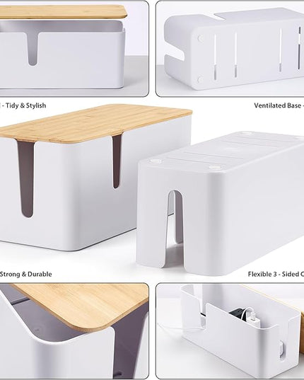 ZhiYo Bamboo Lid Cord Organizer Box, Safe ABS Cable Management Box for TV and Computer, Wood Cover Cord Hider to Hide Wires, Router, USB Hub & Under Desk Power Strip, 1 Pack L13.1 xW5.6 xH5.6 White
