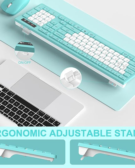 Wireless Keyboard and Mouse Combo, Full-Sized Quiet Wireless Keyboard and Adjustable DPI Mouse, 2.4GHz USB Receiver, Keyboard and Mouse for PC, Windows, Desktop, Laptop (Tiffany Blue and White-B)