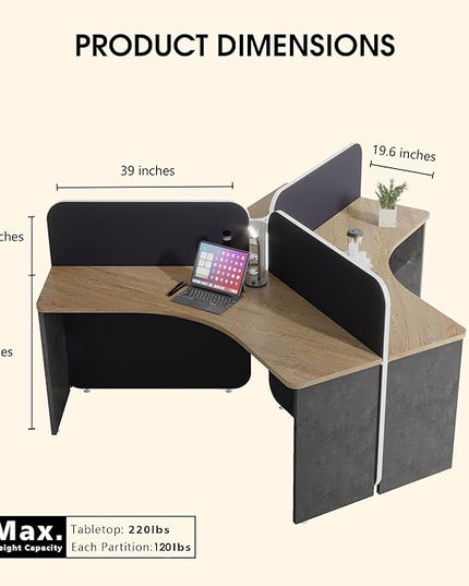 3 Person Office Cubicle Desk Workstation with Drawers & Built-in Power Outlets, Adjustable Wall Partitions, Layouts for Startups and Modern Workspaces,Black Fabric Panels
