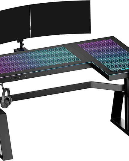 EUREKA ERGONOMIC Standing Desk,Gaming Table,Glass RGB Desks, Height Adjustable Computer 60 Inch L Shaped Corner Desk Music Studio Desk Workstation w Type-C Port,Cup Headset Holder,APP Control,Right