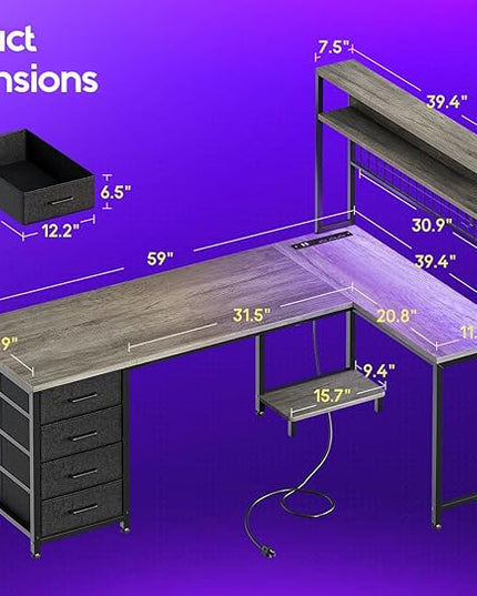AODK L Shaped Gaming Desk with Hutch, 59" Computer Desk with 4 Drawers & Storage Shelves, Reversible Corner Desk with LED Light & Power Outlets, Gamer Table for for Home Office, Gray Oak