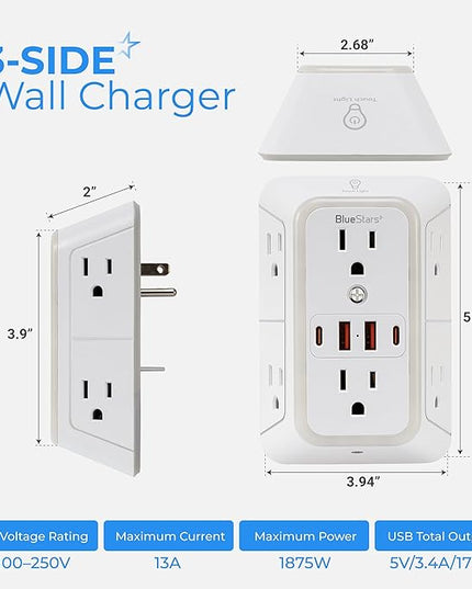 Wall Mount Power Strips Wall Charger 6 Outlet Extender 4 USB Ports (5V, 2.4A, 12W) and Night Light 3-Sided Power Strip with Adapter Spaced Outlets - Multi Plug Outlet Surge Protector for Home Office