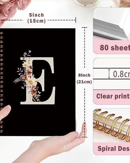 Lacama Black Initial Letter E School Notebook Journal, Cute Wildflower Personalized Spiral Notebook, School Supplies, Customized Monogrammed Gifts, Birthday Gifts for Women, Office Supplies