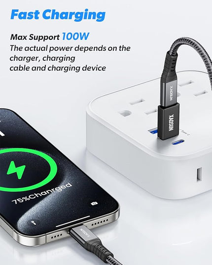 XAOSUN 10Gbps USB to USB C Adapter 3 Pack, 3.1 USBC Female to USB Male Adapter, One-Sided SuperSpeed Data Sync, 100W Fast Charging for iPhone 16 15 14 13, Laptop, Charger, Quest Link, etc, Black