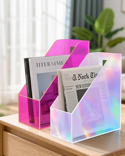 Acrylic Magazine Rack Desk File Holder Organizer for Office Desktop Vertical Magazine Storage Box, 12 x 10 x 5'', Iridescent