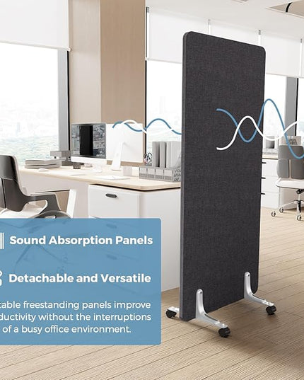 70.8" W x 63" H Freestanding Partition Room Dividers, Acoustic Panels with Wheels, 3 Soundproof Privacy Panels for Office, Reception Room, School, Hospital, Dark Grey