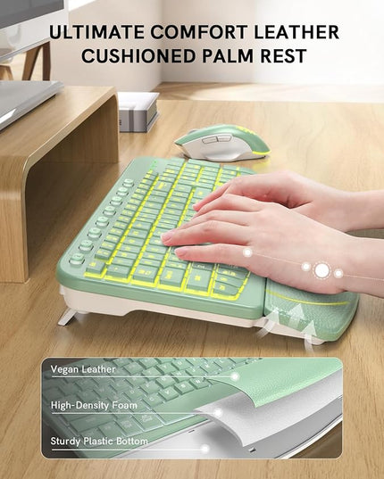 SABLUTE Ergonomic Wireless Keyboard and Mouse Combo - Wave Keyboard with Soft Leather Wrist Rest, Resistant Keys, RGB Backlit Rechargeable Set for PC/Mac/Chromebook (Green)