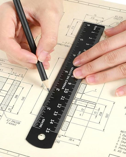 2Pcs 6 Inch 15cm Metal Ruler Set, Stainless Steel Metric Rulers with Centimeters Millimeters Inches, High Contrast Measuring Ruler for School Geometry Office Crafting(Black)