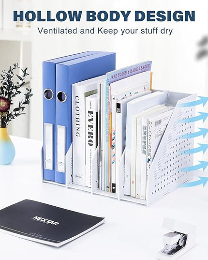 Collapsible Magazine File Holder with 4 Vertical Compartments Foldable Binder Holder for Desk Binder Storage Organizer Plastic Magazine Holders for Shelf, Light Gray