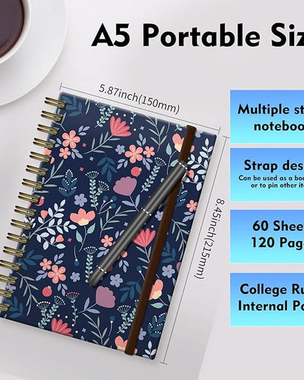 Spiral Journal Notebook, A5 Cute Notebooks for Women Men, College Ruled Hardcover Notebook for Work & Note Taking, 60 Pages Double-Wire Journals for Writing (Pink Flower)