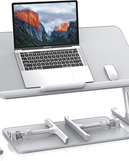 SAIJI Leather Laptop Bed Tray Table, Adjustable Laptop Stand with Removable Stopper, Portable Lap Desks with Foldable Legs, Notebook Stand Breakfast Reading Desk for Sofa Couch Floor(Large,Gray)
