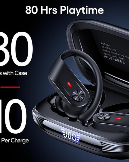 Hybrid Active Noise Cancelling Wireless Earbuds 80 Hrs Playtime Hi-Res Stereo Sound Bluetooth Headphones with Transparency Mode Ear Buds with Earhooks ANC Sports Earphones for Workout Running Travel