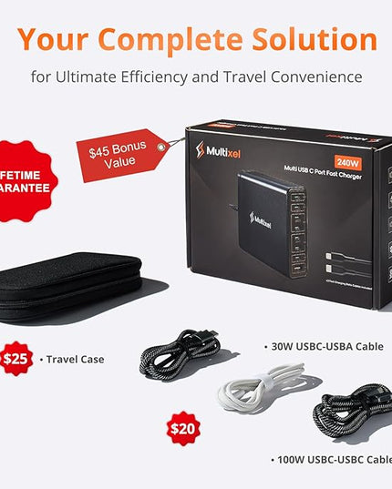 Upgraded 240W 8 Ports GaN Charger with Travel Case, USB C Charging Hub, Multi USB C Charger Station for MacBook Pro/Air/iPad Pro/iPhone/Samsung Galaxy Note