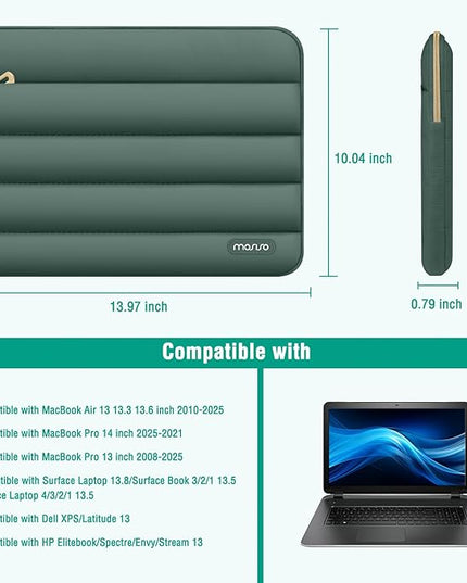 MOSISO 13.3 inch Laptop Case, 13-13.3 inch Puffy Laptop Sleeve Compatible with MacBook Air 13 13.6 M4 M3 M2 M1/Pro 13/Pro 14, HP Dell ASUS Lenovo,Polyester Horizontal Bag with Small Case,Emerald Green