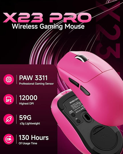 EWEADN X23Pro Wireless Gaming Mouse, PAW3311 Sensor, 49g Lightweight Mouse, 12000 DPI, 2.4G/BT5.0/USB-C Rechargeable Wireless Mouses with 6 Programmable Buttons for Laptop/PC/Mac, Pink