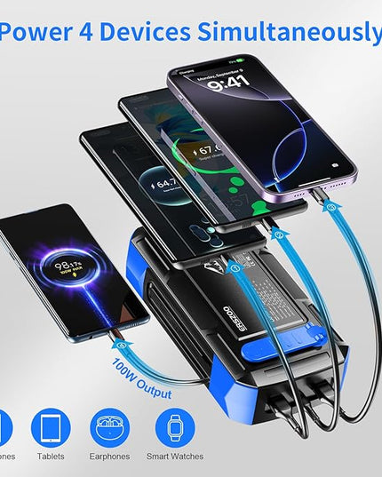 Solar Charger Power Bank 73200mAh, Portable Laptop Charger with 100W USB-C in/Output, Built-in Cables, Hand Crank Power Bank for Mobile Phones, Ideal for Outdoor Use with SOS/Strobe/Strong (blue)