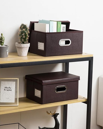 PRANDOM Collapsible Storage Box with Lid [3-Pack] Leather Fabric Foldable Storage Bin Organizer Container Basket Cube with Cover for Home Bedroom Closet Office Nursery Brown(13.6x9.6x6.9)