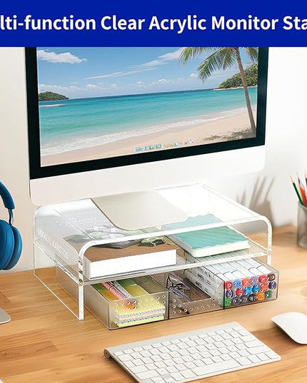 OPNICE Acrylic Clear Desk Organizers and Accessories, 2-Tier Computer Monitor Stand Riser with Drawer, Laptop Stand, Office Desk Accessories for Office Supplies, Transparent