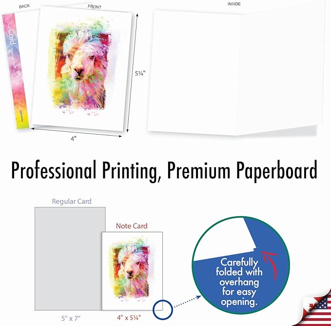The Best Card Company Assorted Animal Watercolor Blank Greeting Card Box Set - Incl. 10 Unique Notecards Designs + Envelopes for Thank You, Invitations - Funky Rainbow Llamas AM6862OCB-B1x10