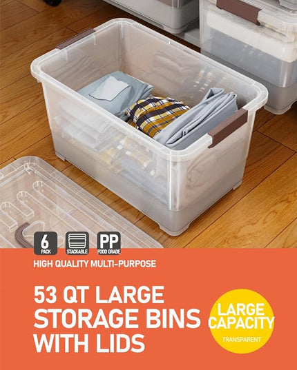 53 quart Clear Plastic Storage Bin with Lids and Latch Buckle, Tote Organizing Box Stackable and Nestable, Set of 6