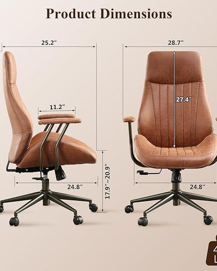 Mid Century Modren Office Chair,High Back Ergonomic Executive Chair with Lumbar Support, Computer Desk Swivel Task Chair with Wheels, Faux Lether Suede Fabric Home Chair (High Back, Brown)