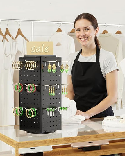 BYCY Rotating Pegboard Display Stand with 30 Hooks,Metal Spinning Peg Board Displays for Craft Shows,4-Sided Jewelry and Accessories Display Racks for Markets,Vendors,Events&Retail Stores (Black)