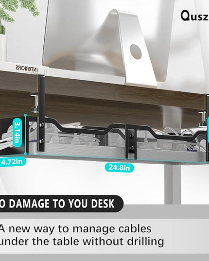 Under Desk Cable Management Tray 24.8", Quszmd Cable Organizer No Drill, Standing Cord Organizer and Wire Management Tray - No Damage to Desk, Black