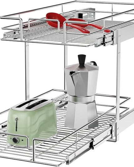 ROOMTEC Individual Pull Out Cabinet Organizer (11½" W x 21½" D), 2 Tier Spice Rack Organizer for Cabinet, Slide Out Drawer Pantry Shelf Organization and Storage for Kitchen Bathroom