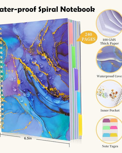 5 Subject Notebook College Ruled, A5 Spiral Notebook with Removable Pocket Dividers Tabs, Lined Organizer Notebook Journal for Women, 240 Pages Notebooks for Work School Note Taking, Purple Marble