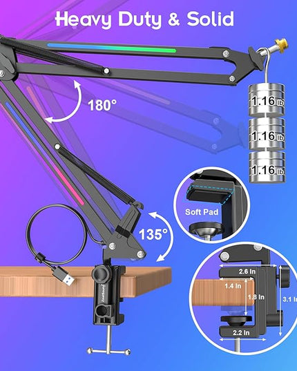 ZealSound RGB Microphone Arm Stand,Mic Arm with RGB Light for QuadCast/Blue Yeti/Snowball/Shure SM7B/Rode NT1/Elgato,Rotatable Suspension Boom Scissor Stand for Gaming Streaming Podcasting YouTube