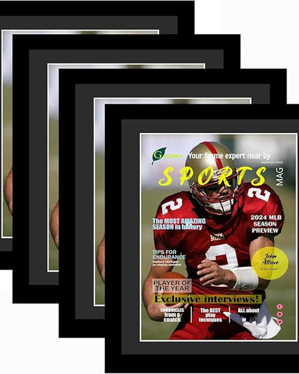 Goldfinch 4 Packs Sports Magazine Frames Displays Magazines Measuring 8 x 10.5 inches with Black Core Matting,Suitable for 1994-Current Collector's Edition Sports Magazines with Installed Hangers