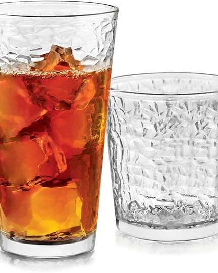 Libbey Yucatan Tumbler and Rock Drinking Glasses Set, Textured 16 Piece Glassware Set, All Purpose Glass Cups for Events and Everyday Use