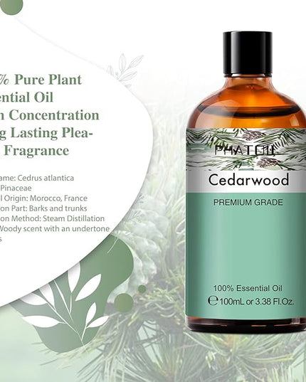 Cedarwood Essential Oil, 3.38Fl.Oz PHATOIL Pure Essential Oil Singles for Aromatherapy Diffusers, Humidifiers, Great for DIY Candle and Soap Making, Gift for Friend