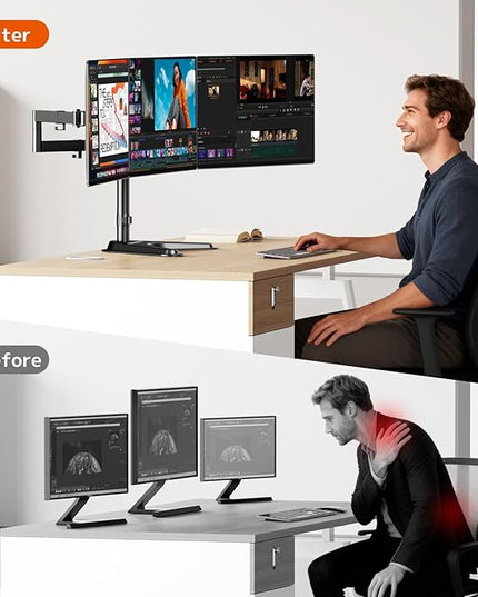 Triple Monitor Stand, Heavy Fully Adjustable Motion Mount Fits 3 Screens up to 27 inche, Free Standing Desk Stand with Base and Cable Management, 22 lbs Weight Capacity per Arm, Black