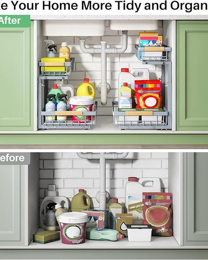 Pull out Cabinet Organizer, 1 Pack Under Sink Organizer, Slide out Metal Kitchen Cabinet Organizers Drawer Shelf, Sliding Storage Shelves for Kitchen Bathroom Pantry Closet Organization Rack(Grey)