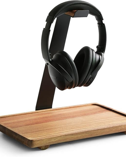 WILDMOS Headphone Stand for Desk,Acacia Wood Tray with Headphone Holder,Gaming Headset Stand,Desk Accessories for Desktop Storage