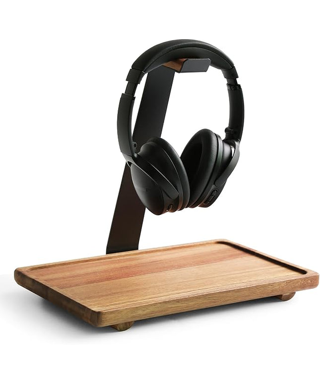 WILDMOS Headphone Stand for Desk,Acacia Wood Tray with Headphone Holder,Gaming Headset Stand,Desk Accessories for Desktop Storage