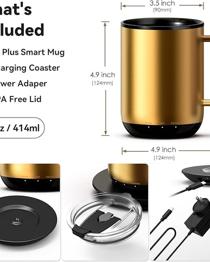 Vsitoo S3 Plus 14oz Heated Coffee Mug- Temperature Control Smart Mug with Mug Warmer, Auto-Sensing AI Heats Drinks to 120-150°F Hands-Free.Ideal for Home/Office/Gifts，Gold