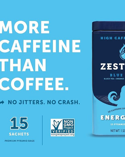 Zest Energy Tea Bags – Blue Lady Passion Fruit Black Tea – High Caffeine Tea for Morning Energy, Focus & Clarity – Natural Caffeinated Tea with 150mg Caffeine – 15Ct Box – Non-GMO & Keto Friendly