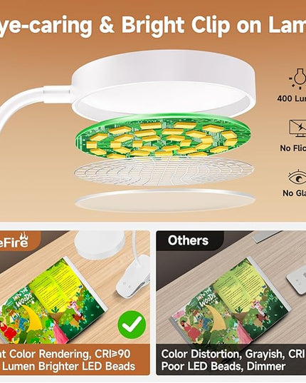 Mubarek Desk Light,3600mAh Battery Operated Light,5 Brightness+5 Color Clip on Reading Lamp,400LM 36 LED Desk Lamp with Clamp,Rechargeable Lamps Cordless Lamps, Reading Lights for Books in Bed,Table