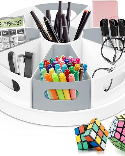 MeCids 360 Rotating Storage Organizer Desk Organizers Pen Holder– 12” Lazy Susan Style Caddy with Removable Bins, for Home Office Supplies, Art Supplies, Make-up & Kitchen Use, with Card & Gift Box