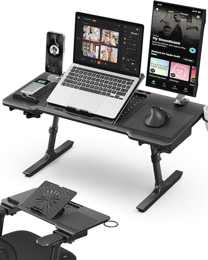 Newtral Laptop Bed Tray Desk, Height & Angle Adjustable Foldable Laptop Stand w/Cup Holder, Mousepad, Laptop Table Bookstand for Gaming, Working, Sofa & Office Chairs Use (Black, Upgrade)