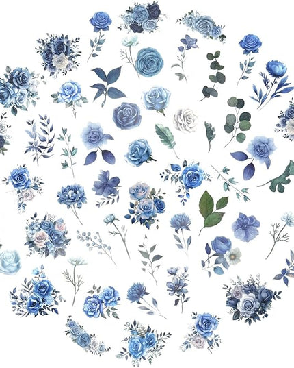 Obujopal 100 Pcs Blue Flower Stickers, Wildflower Stickers for Scrapbooking Junk Journal Card Making Collage Notebook Diary Planner Letter Envelope Water Bottle Phone Case Craft Decoration (Blue)